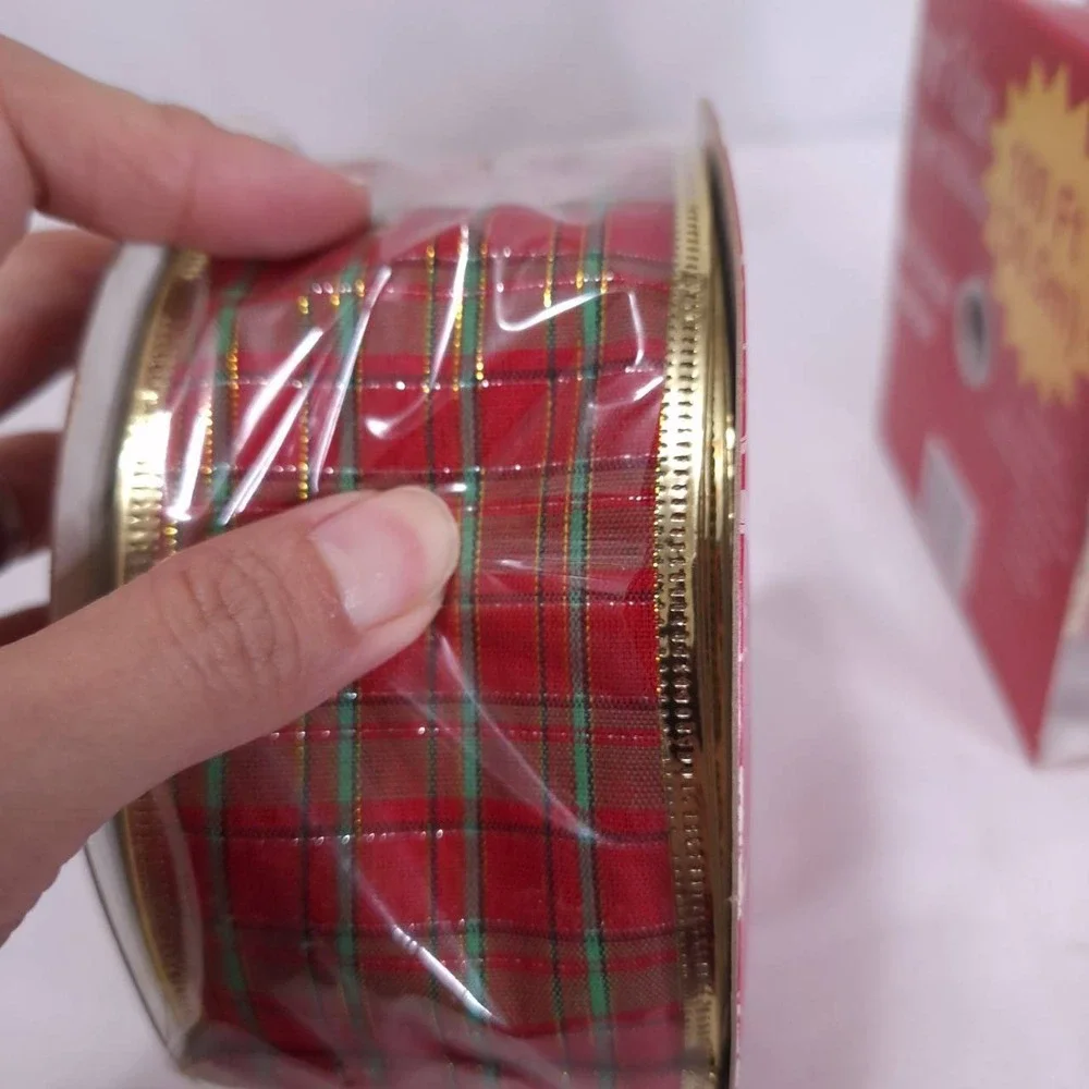 2 At Home Wired‎ Edge Ribbon Red Plaid 2.5in total 190ft Metallic Xmas Holiday
